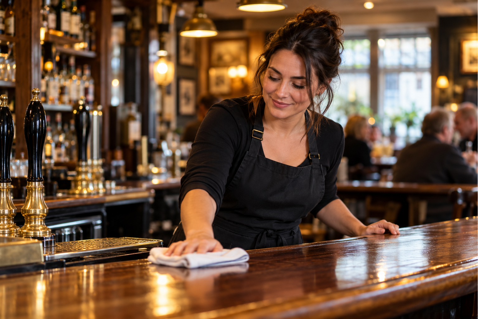 A staff member polishing the bar before service