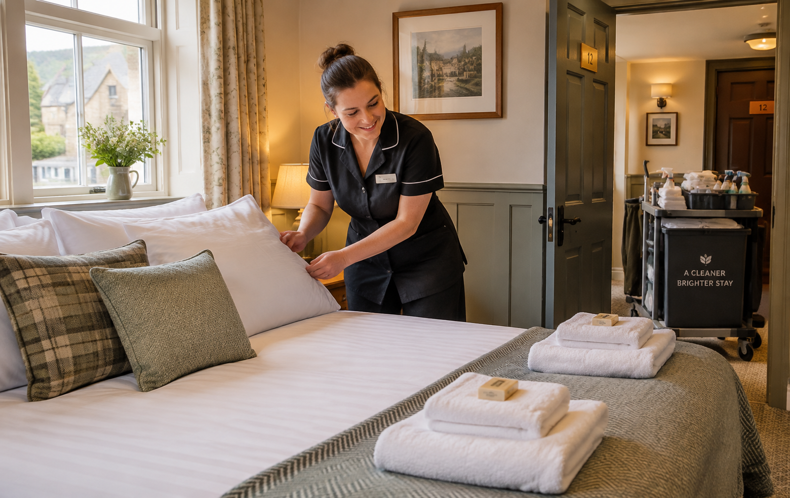 A housekeeper preparing a hotel bedroom