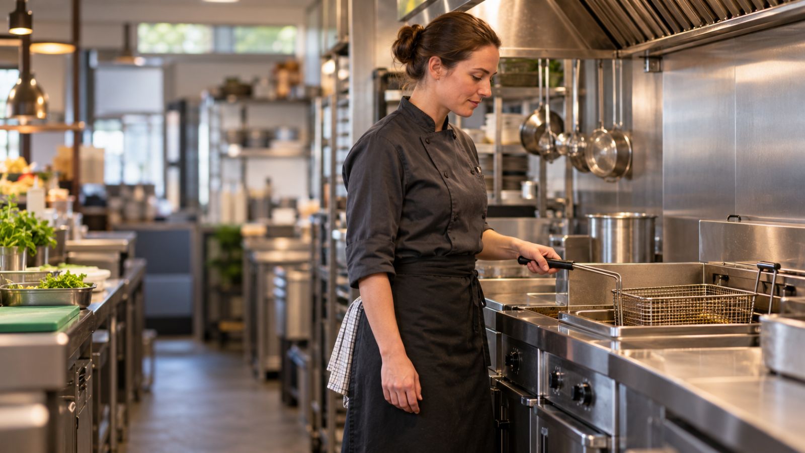 A chef checking the fryer before service