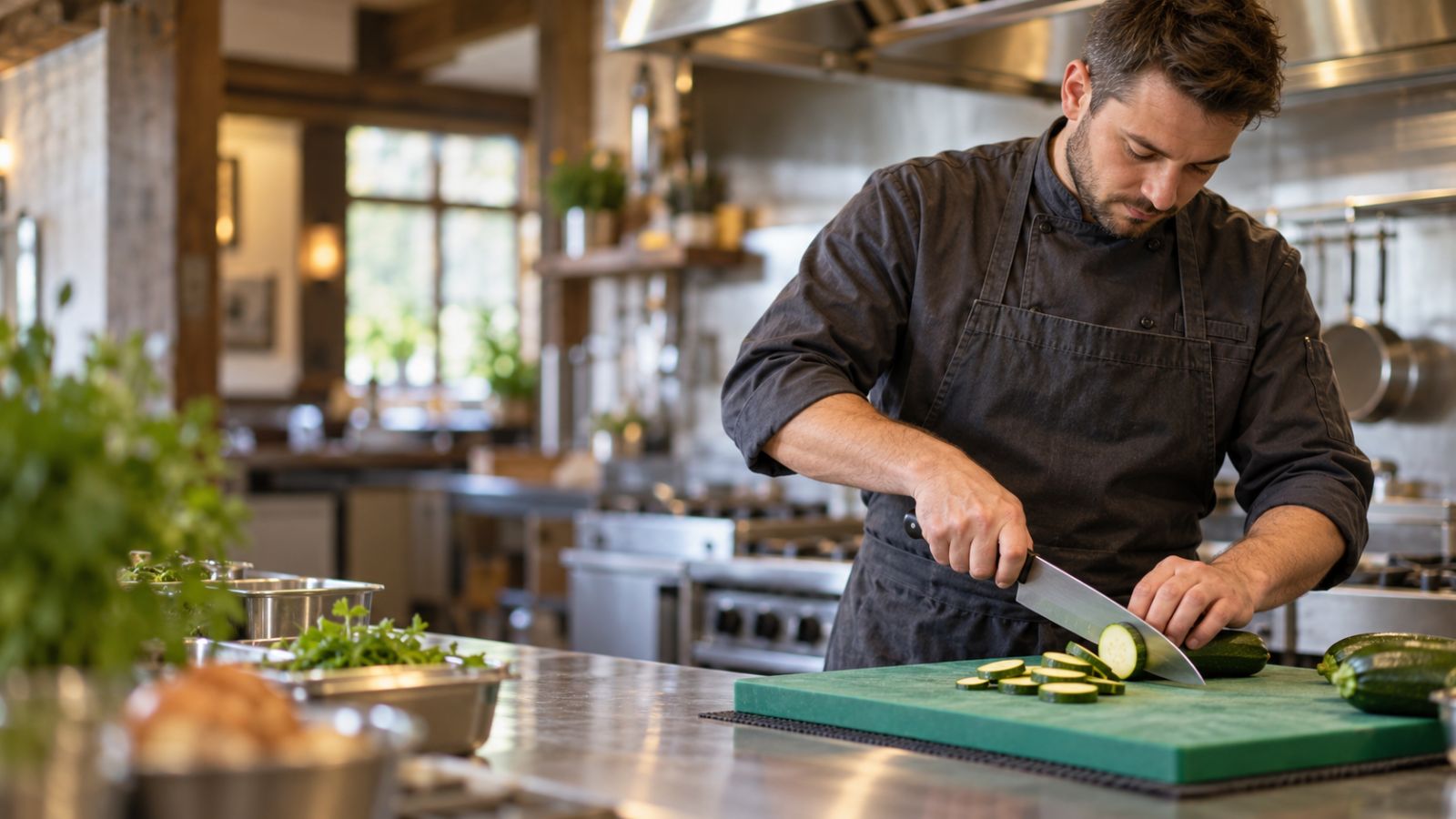 A chef practising safe knife skills in the kitchen