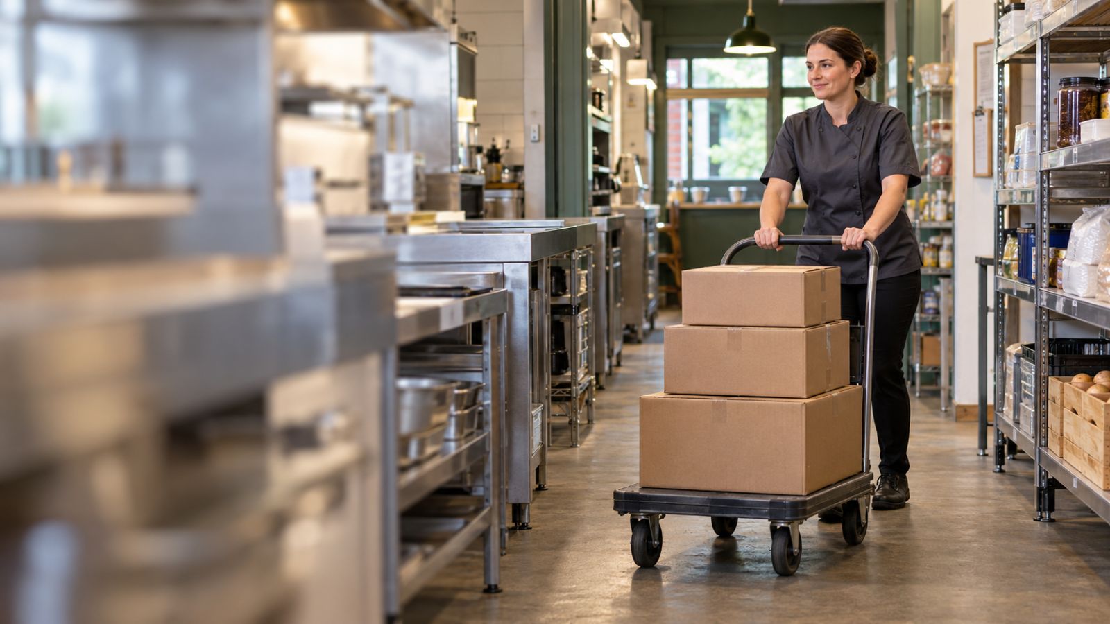 A team member moving deliveries safely on a trolley
